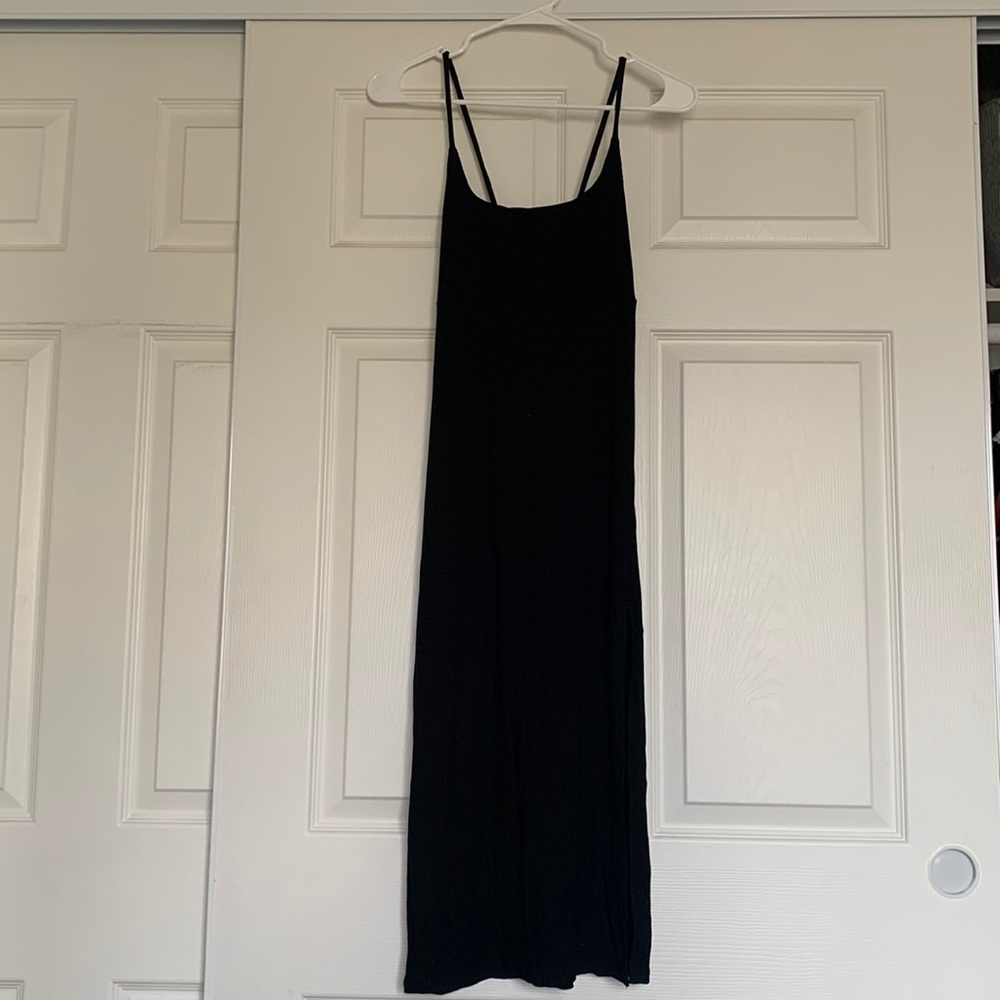 Halara black dress with side slit and tie back